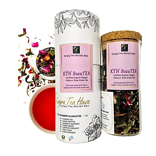 Kangra Tea House BeauTEA Certified Organic Hibiscus Rose Green Tea - Hand Crafted & Finest Grade, 100 g Jar