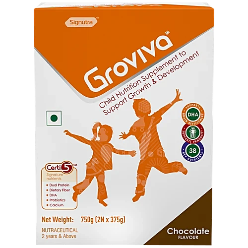 Groviva Wholesome Child Nutrition For Growth & Development - Chocolate, High Protein With DHA, 750 g (2 Units x 375 g Each)