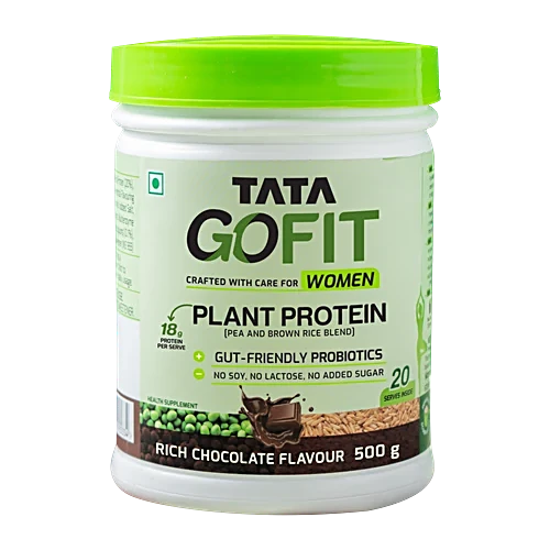 Tata GoFit Plant Protein Powder - Rich Chocolate Flavour For Women, Gut-Friendly Probiotics, 500 g (20 Serves)