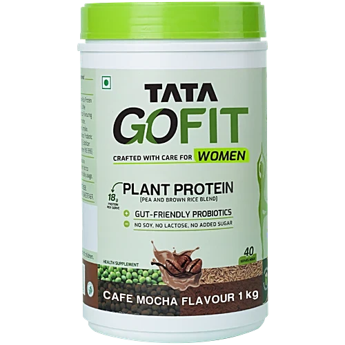 Tata GoFit Plant Protein Powder - Cafe Mocha Flavour For Women, Gut-Friendly Probiotics, 1 kg (40 Serves)