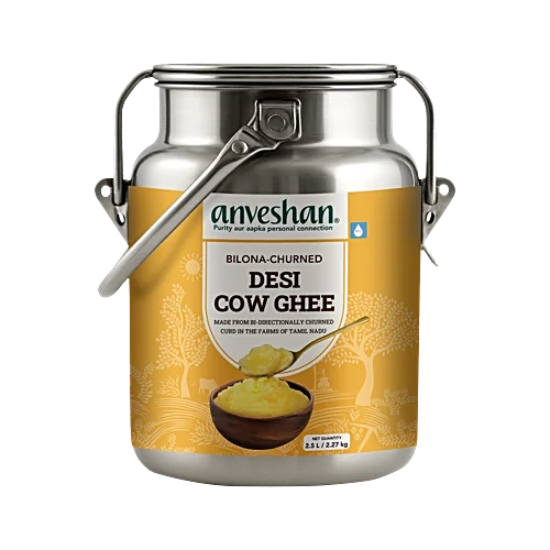 Anveshan Bilona-Churned Desi Cow Ghee - Stainless Steel Dolchi, 2.5 L